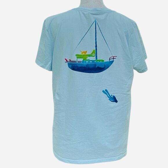 PATAGONIA Sky Blue Cap'n Cat Organic Crew Short Sleeve Tee Shirt Wm’s Size Mediu - Picture 3 of 5